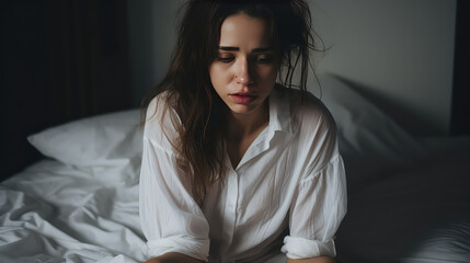 Naklejka premium Tired, sleep deprived woman sits on her bed in the morning with a sad, weary face. Creative concept of insomnia, sleep disorders, anxiety. 