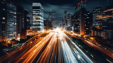 Obraz premium A dazzlingly mesmerizing skyline of cars' lights streaming nocturnally through the urban streets is seen from the air.
