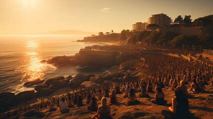 A birds-eye view displays multitude of citizens in harmony focused on tranquility and awareness while sitting on a shore.