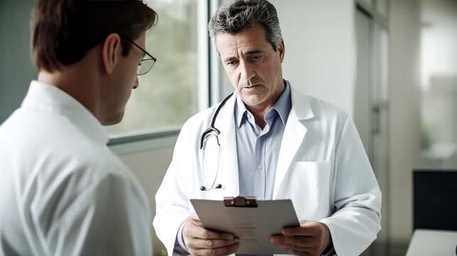 A doctor closely examines test results, his expression showing concern, as the patient awaits anxiously.