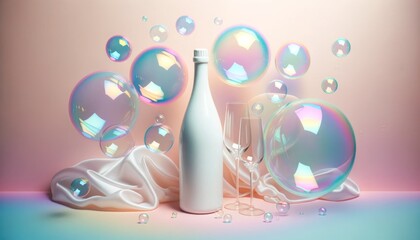 Champagne bottle and two glasses on pastel background with gradient and colorful soap bubbles. Copy space layout for text, letters, invitation card. Explosion of colors splash. 