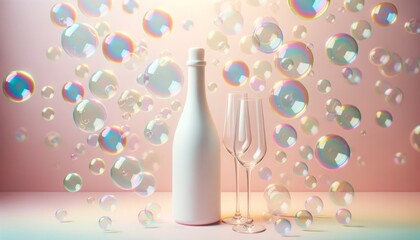 Champagne bottle and two glasses on pastel background with gradient and colorful soap bubbles. Copy space layout for text, letters, invitation card. Christmas party celebration 2024 happy new year. - obrazy, fototapety, plakaty