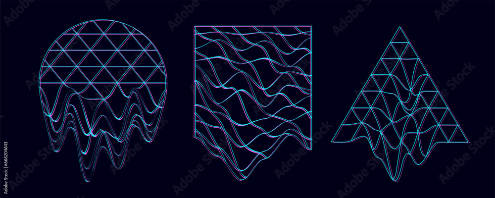 Poster set of geometric spheres with glitch effect. distorted circles on white background. abstract color s