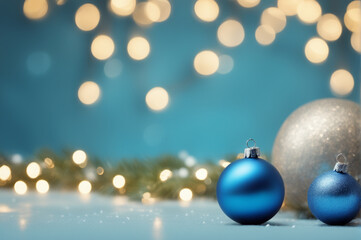 Fototapeta premium Christmas background. Coloful Christmas toys of de-focused lights. Space for text. Blue background. Generative AI illustration