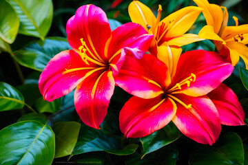 The vibrant colors of a variety of tropical blooms, including yellow hibiscus flowers, orange tiger lilies, and pink orchids, arranged in an artistic composition. of ecological environment