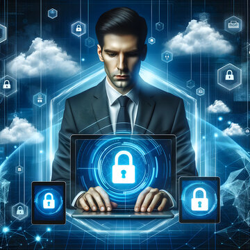 Illustration of a focused businessman surrounded by holographic screens. On the laptop and tablet, there's a padlock icon, signifying strong network security. Abstract clouds and cyber protection 