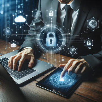 Photo of a businessman working on a laptop and a digital tablet. The screens display a padlock symbol, representing network security technology. Cloud computing and cybersecurity icons float around