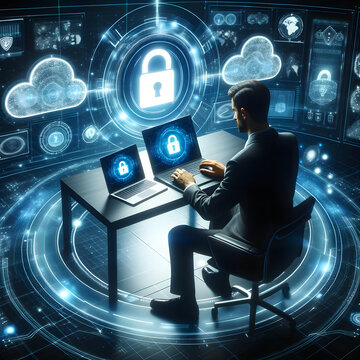 Render of a businessman sitting at a futuristic workstation with a laptop and digital tablet. A glowing padlock icon appears prominently on both devices, symbolizing robust network security. 