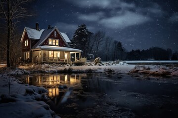 Fototapeta na wymiar a beautiful cozy wooden house covered with snow at night in cold snowy weather
