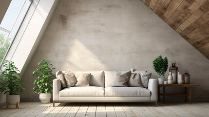 A 3D mockup of an attic space featuring white and wooden walls, stairs, concrete flooring, and a comforting white couch.