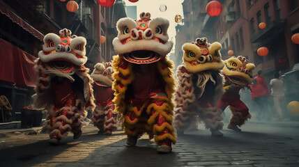 A group of chinese lion dancers perform in a street. DōngzhìFestival. Generative AI