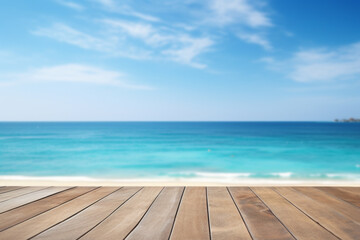 Fototapeta premium There is a wooden table and a wooden deck with a backdrop of blue sky and sea for a happy holiday or vacation. Suitable for web ads and banners with copy space.