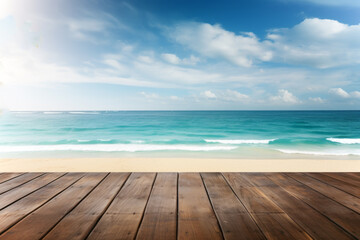 Fototapeta premium There's a beautiful blue sky and sea over a wooden table and wooden deck, creating a happy backdrop for holidays and vacations. A concept suitable for web ads and banners with copy space.