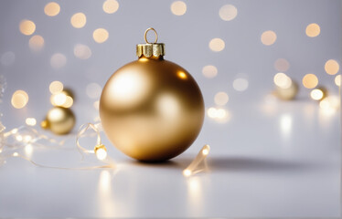 Christmas background. Gold Christmas toy of de-focused lights. Space for text. White background. Generative AI illustration