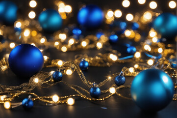 Fototapeta premium Christmas background. Blue Christmas toys of de-focused lights. Space for text. Black background. Generative AI illustration
