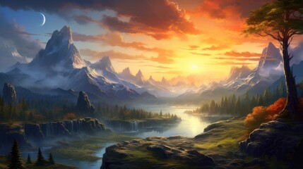 Fototapeta na wymiar Open World Fantasy Landscape Game Art