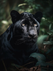 Portrait close up of a black panther in a jungle illustrated using generative Ai