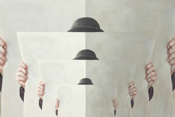 Illustration of man reading himself reading a newspaper, surreal abstract concept - 666206213