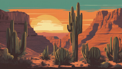 Vibrant vintage sci-fi illustration of cactuses in a grand canyon at sunset