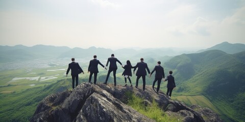 Teamwork success victory concept. Silhouette of the team on top of mountain. Leadership Concept. AI Generative