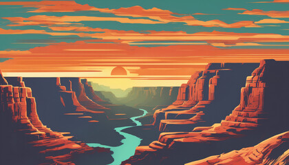 Canyon Dusk: Surreal Sunset Over Digital Art Landscape