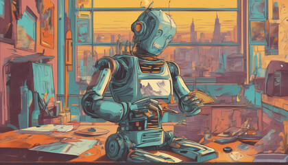 Robot Contemplating Over Desk Work in Urban Office Illustration