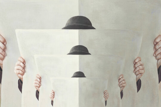 Illustration of man reading himself reading a newspaper, surreal abstract concept