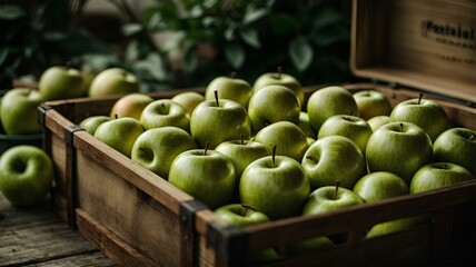 Fresh green apples in boxes