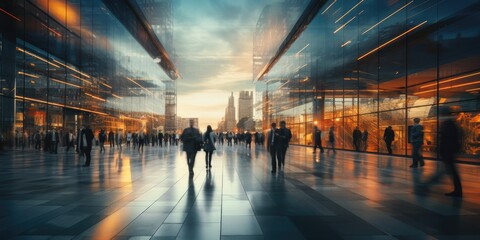 Crowded public place with people passing walking in city traffic flow motion blur effect. Cinematic...