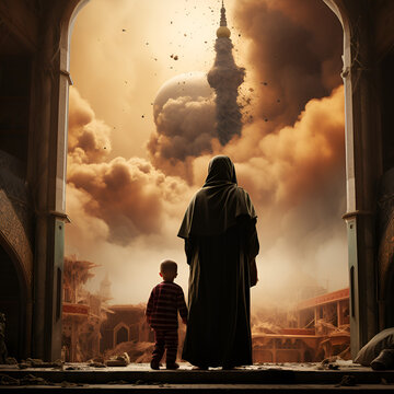 A mother watching destroy of their mosque with her child in Gaza