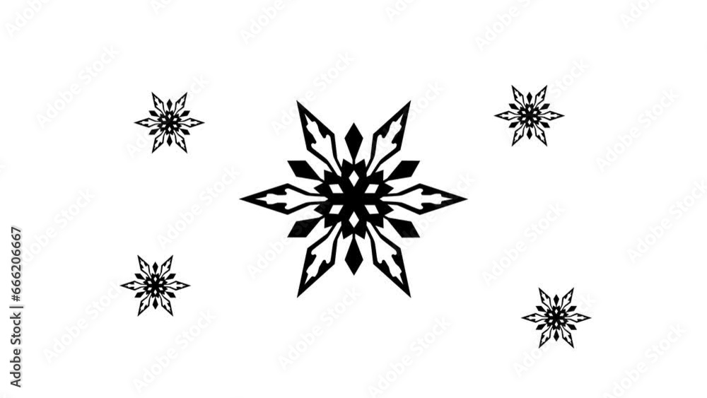 Poster zoom in and out animation the snowflake symbol. large black symbol in the center and four small symb