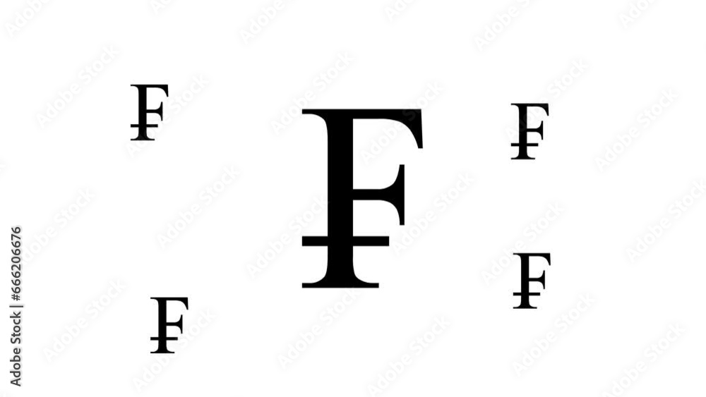Poster zoom in and out animation the franc symbol. large black symbol in the center and four small symbols 