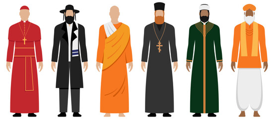Major religions spiritual leaders with different style clothing, vector illustration set isolated. - obrazy, fototapety, plakaty