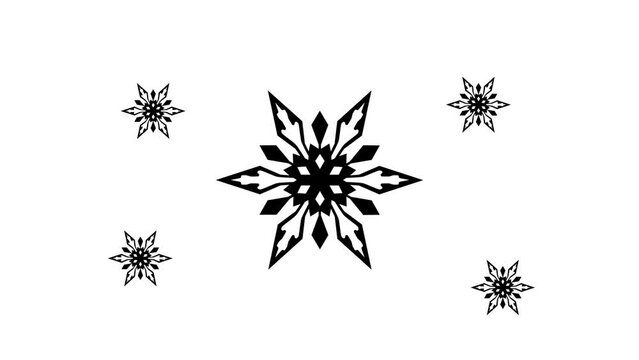 Zoom in and out animation the snowflake symbol. Large black symbol in the center and four small symbols around. Seamless looped 4k animation on white background