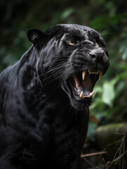 Portrait close up of an angry black panther in a jungle illustrated using generative Ai