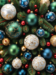 Blue, green and white christmas balls of different sizes on green colored pine branches, top view