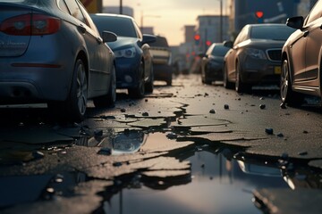 road defect potholed city main road with many car (2) - obrazy, fototapety, plakaty