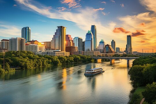 Cityscape of Austin, Texas near Colorado River against skyline. Generative AI