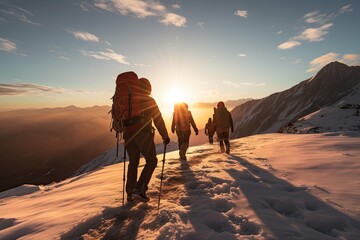 adventurous hikers group hiking on a snowy mountain in cold weather - Powered by Adobe