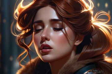 Fototapeta premium A close up of a stylish woman with dark hair, open her mouth, sensual expressive lips, her eyes closed, sings a song. Beautiful witch with long hair