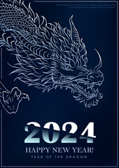 Dark blue greeting card with linear hand-drawn Asian dragon as a symbol of 2024 New Year. Dragon as Chinese traditional horoscope sign on minimalist A4 poster for Christmas holidays with wishes
