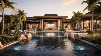 Luxury villa designed as a wellness retreat, including spa rooms, meditation gardens, and health focused amenities - obrazy, fototapety, plakaty