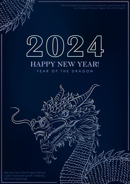 Holiday poster with hand drawn Asian dragon for 2024 Lunar New Year. Dragon as Chinese traditional horoscope sign on blue gradient background. Minimalist A4 greeting card with mascot for Christmas