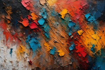 Detailed closeup of a textured, rough art painting with a mix of bright colors and oil brushstrokes. - obrazy, fototapety, plakaty