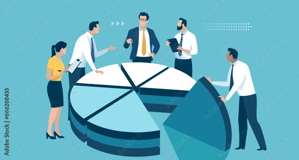 Wall mural Profit distribution. Market Share. Taxes. Business team discuss dividing the profit - pie chart. Business concept illustration