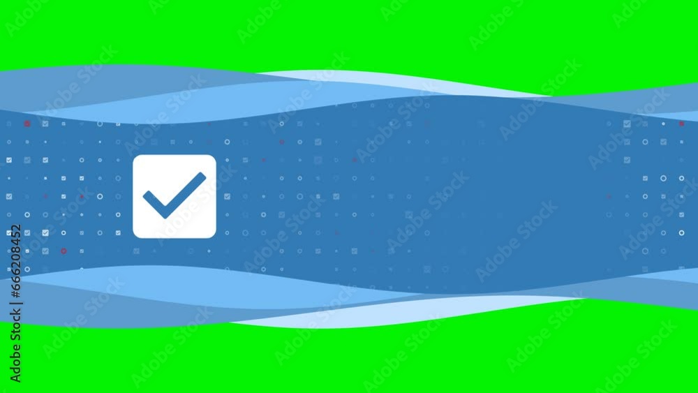 Poster animation of blue banner waves movement with white checkbox symbol on the left. on the background th