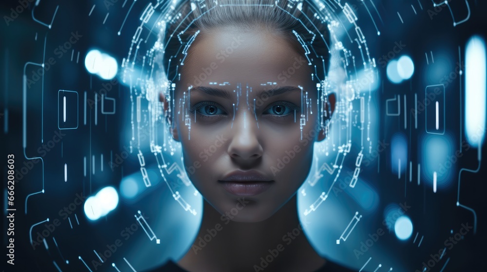 Aufkleber a person's face undergoing a facial recognition scan for verification, lights on face.