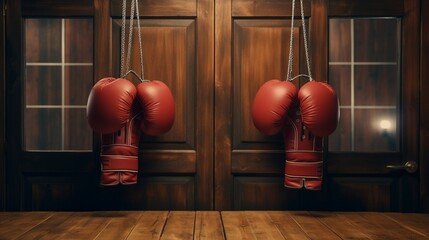 A pair of boxing gloves hanging on a wooden wall inside a gym.