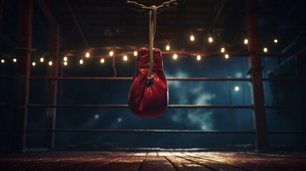 A pair of boxing gloves hung from a hook inside a dimly lit boxing ring.