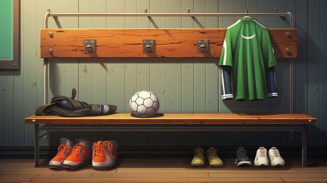 A pair of cleats, shin guards and soccer socks arranged neatly on a locker room bench.